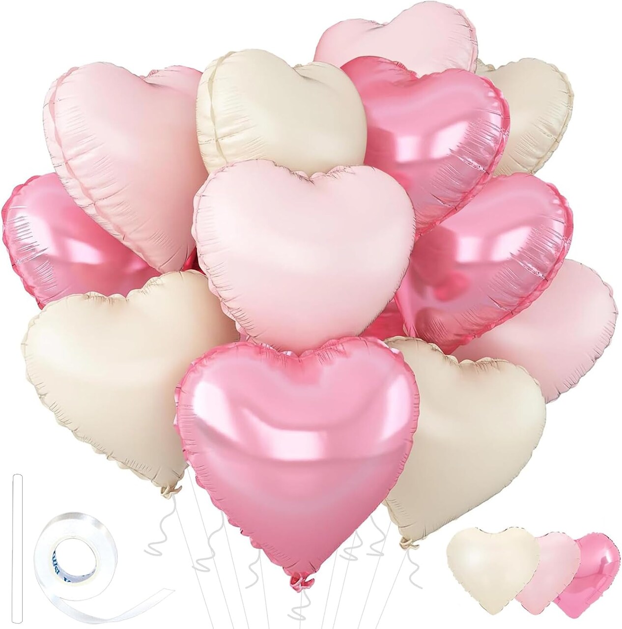Pink Heart Balloons – 18" Bright Pink, Pastel Pink & White Foil Mylar Balloons (12 Pcs) for Anniversary, Wedding, Engagement, Birthday, Baby Shower & Party Decorations